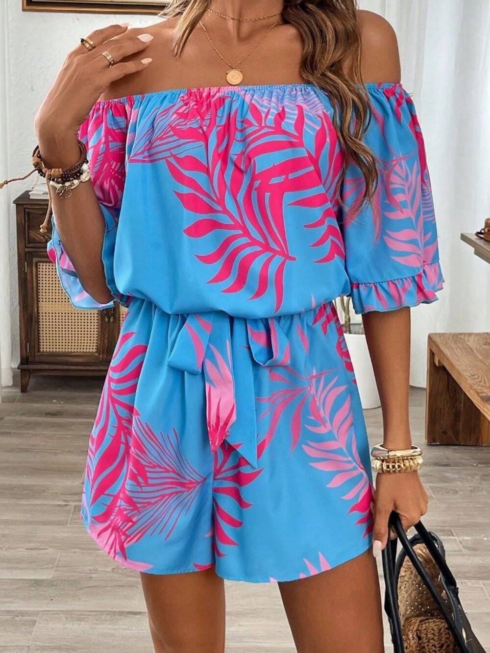 Multicolor Boho Women's Off Shoulder Tropical Print Puff Sleeves Romper - Picture 4 of 4